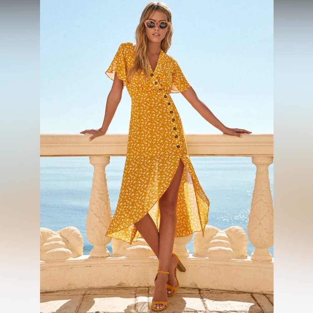 After-Bloom Delight Golden Yellow Floral Midi Dress